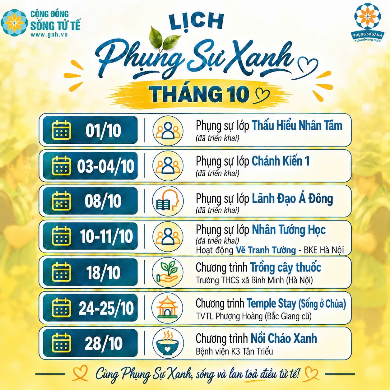 💚 LỜI TRI ÂN THÁNG 9 TỪ PHỤNG SỰ XANH và LỊCH HOẠT ĐỘNG THÁNG 10